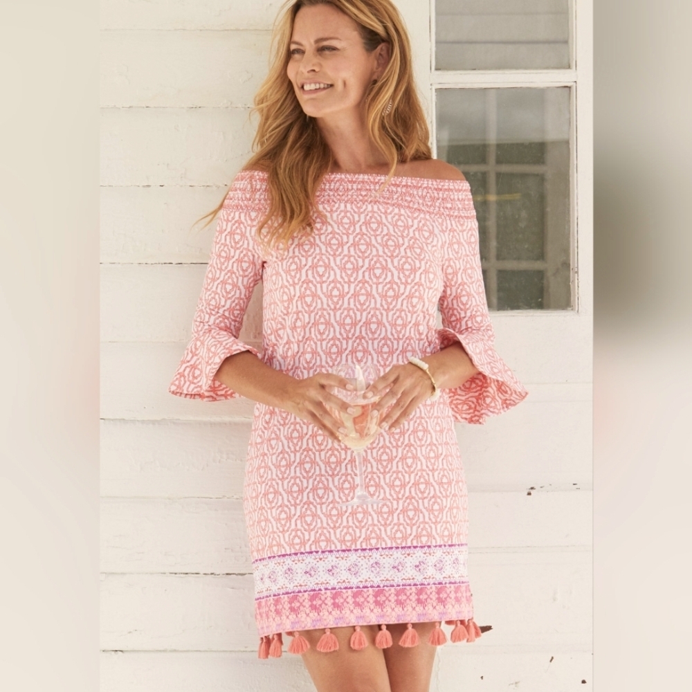 CABANA LIFE Napa-Pink-Smock-Off The Shoulder Tulip 3/4 sleeve-mini Dress NWT